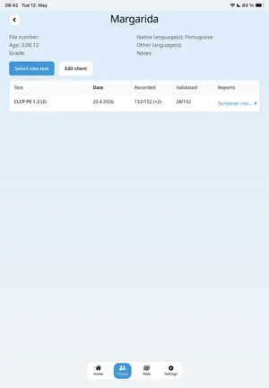Client file screen with session list