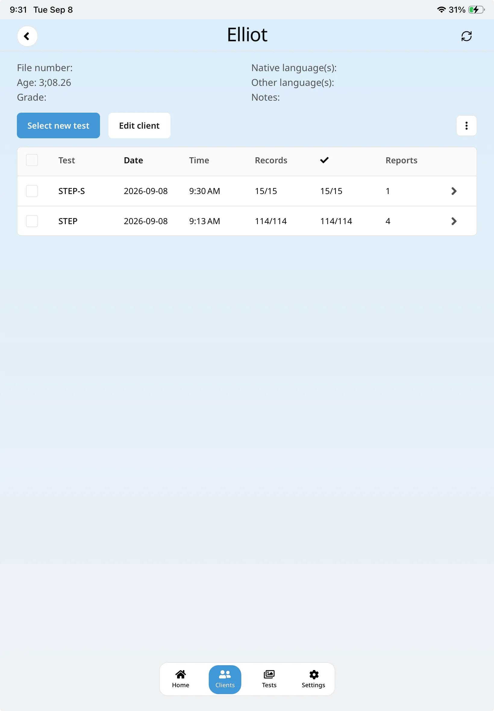 SpeechCatcher client file listing test sessions, record counts, and reports.