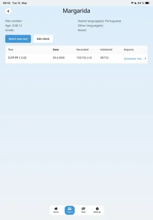 Client file screen with session list