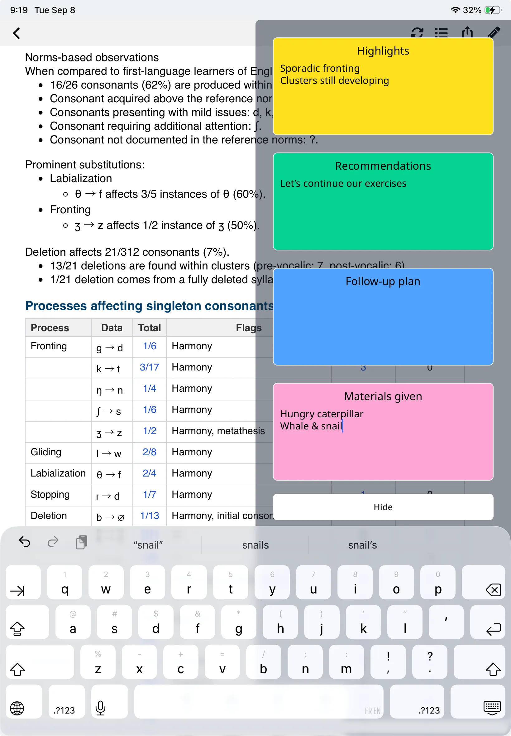 SpeechCatcher report with the clinical notes drawer and on-screen keyboard open.