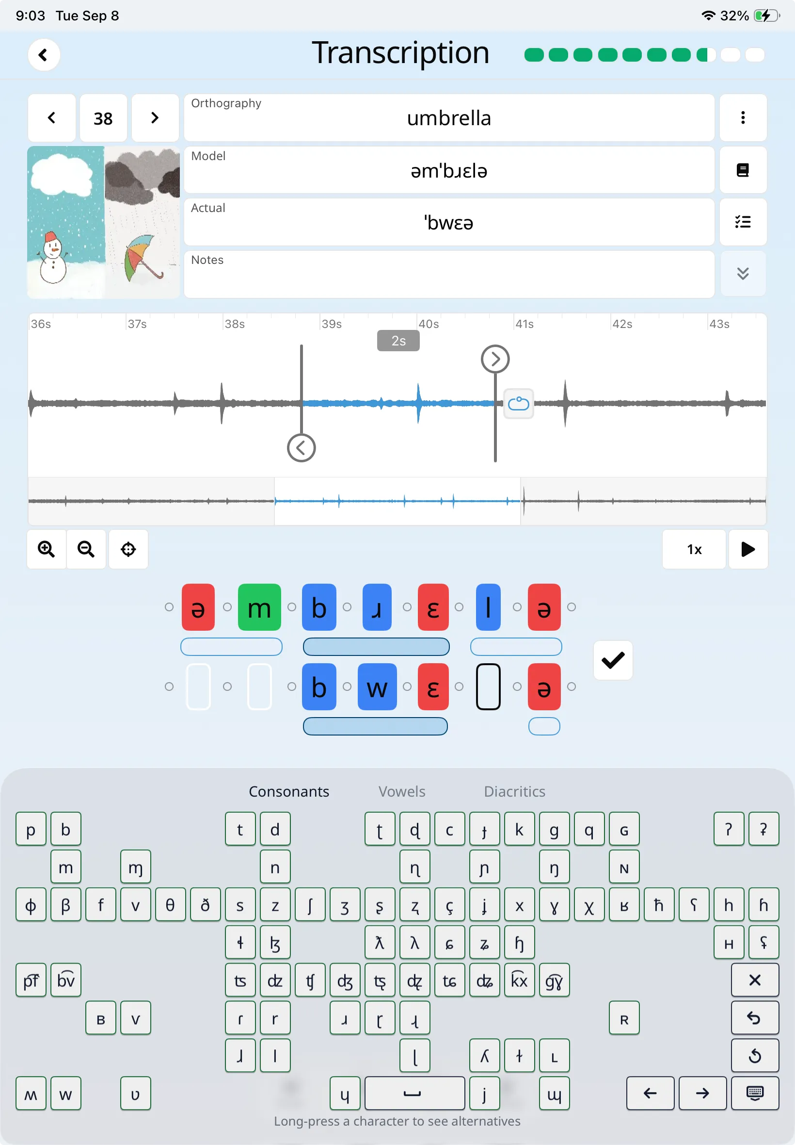 SpeechCatcher phone alignment showing model and actual speech sounds above the custom IPA keyboard.