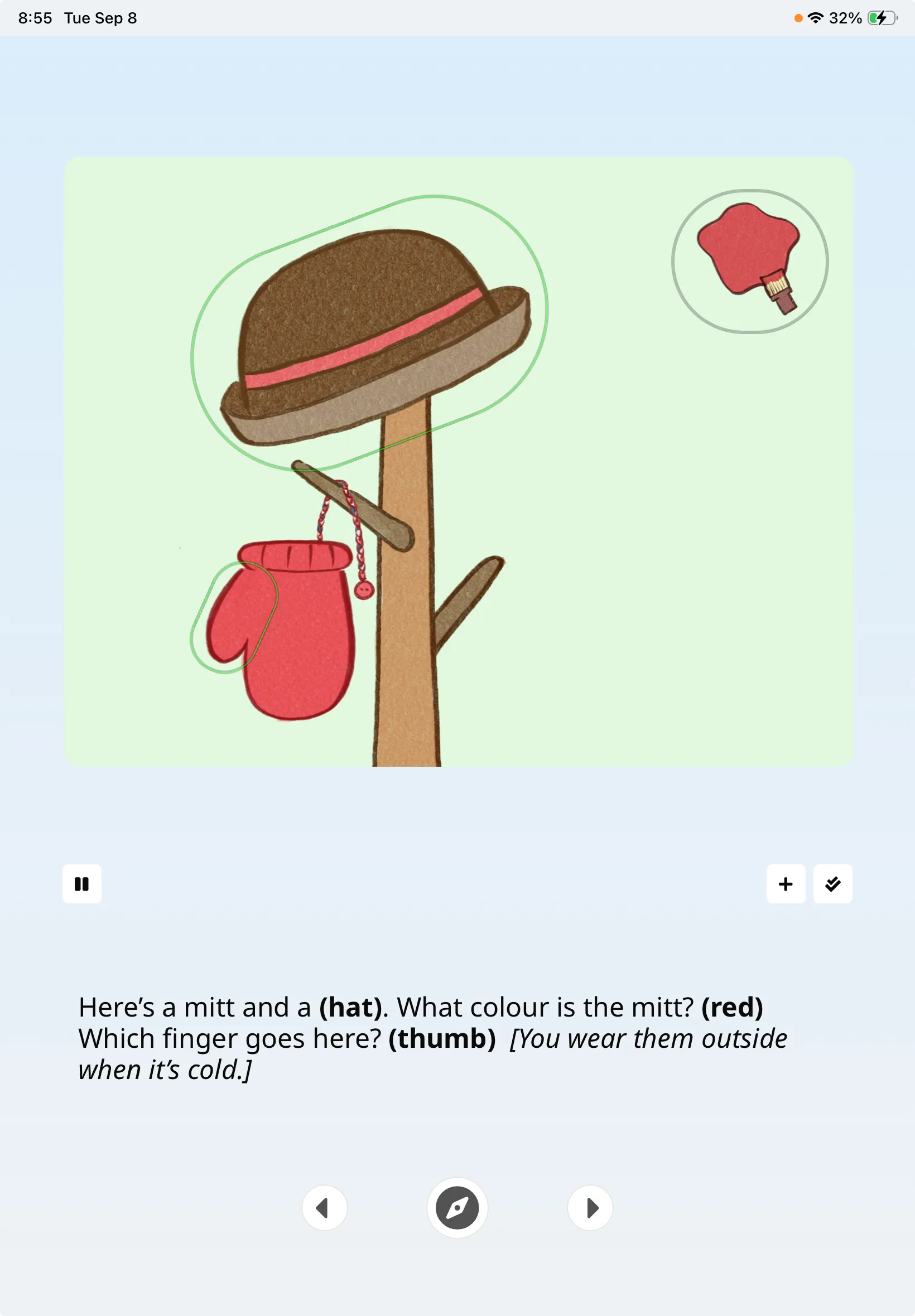 A SpeechCatcher test showing hat and mitt picture targets, prompts, and recording controls.