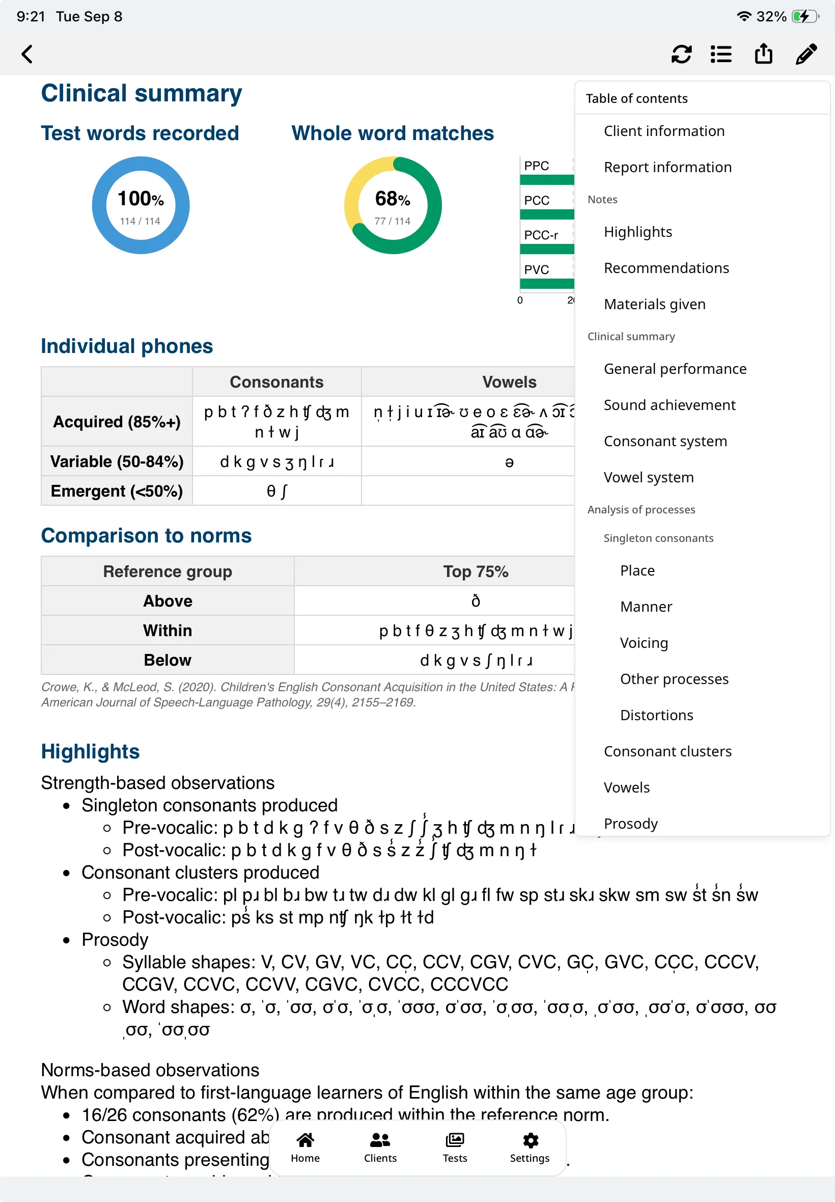 Generated SpeechCatcher report with clinical summary charts and the table of contents open.