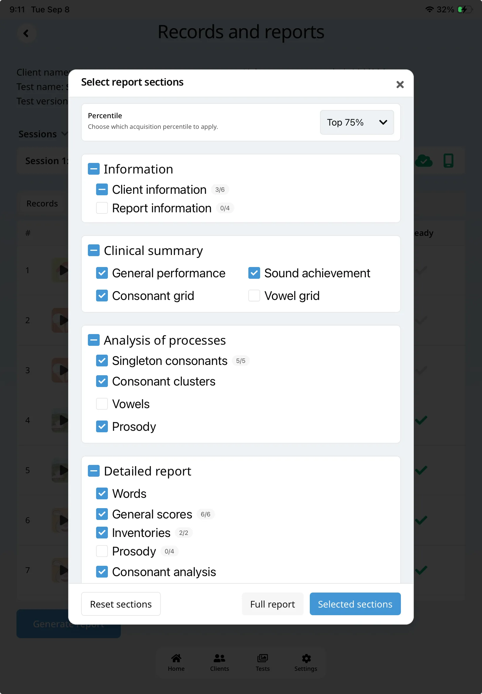 SpeechCatcher report section picker with clinical summary, analysis, and detailed report options.