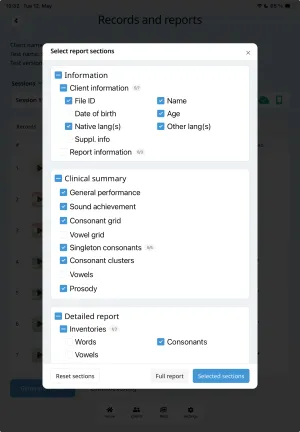 Select report sections pop-up