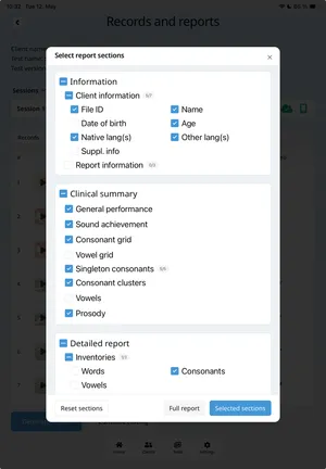 Select report sections pop-up