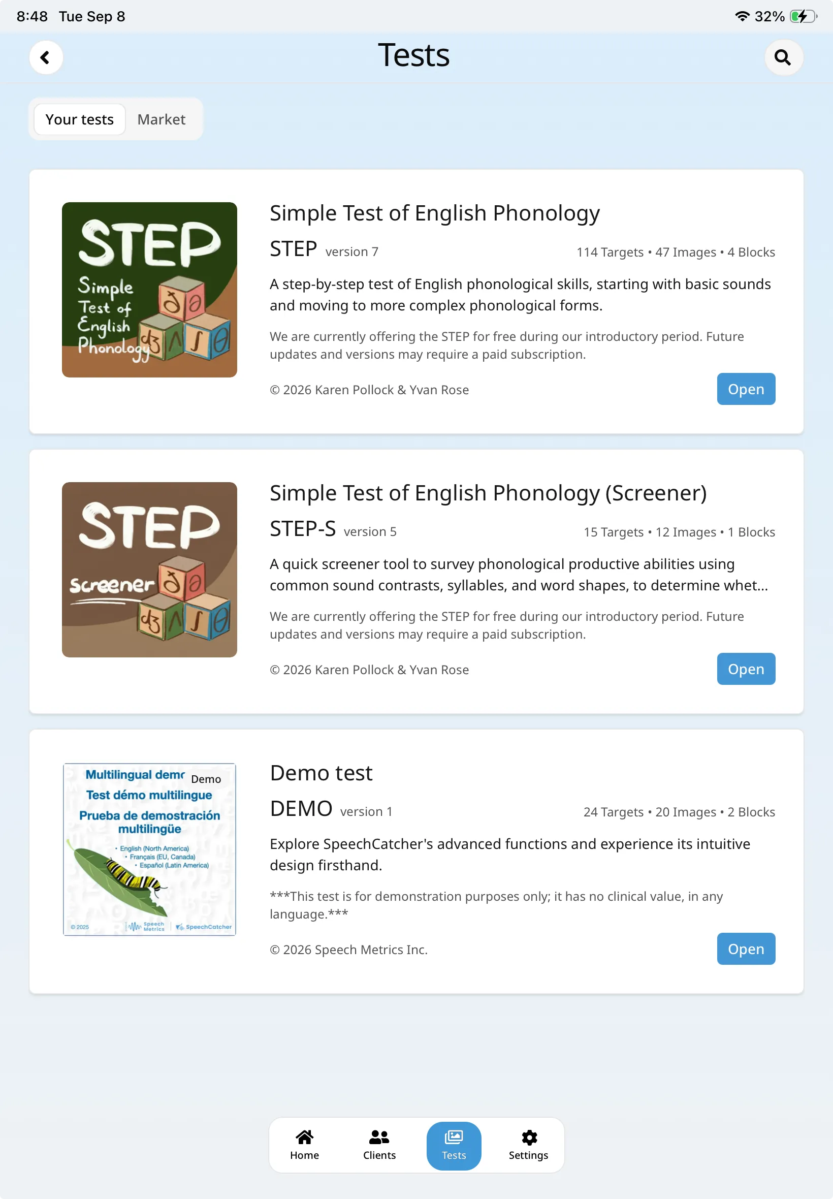 SpeechCatcher Tests screen listing available tests with Open buttons.