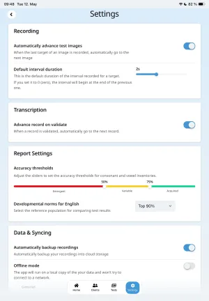 Settings screen with automatic advance records option