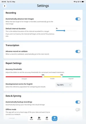 Settings screen with recording options