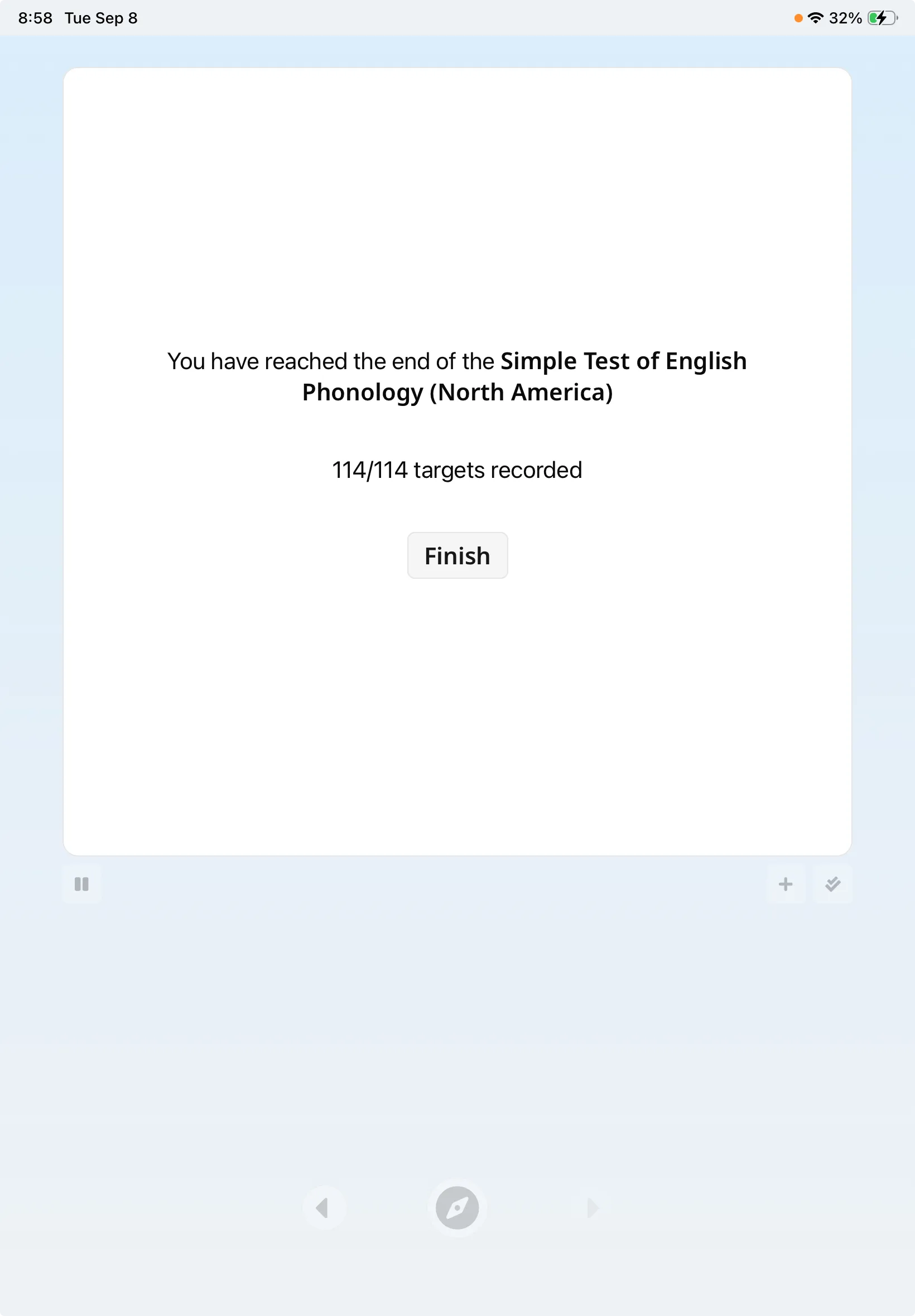 SpeechCatcher test completion screen showing the recorded target count and Finish button.