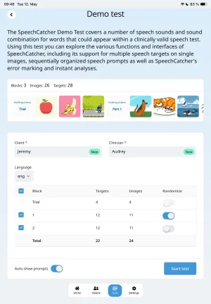 Test setup screen with session details filled