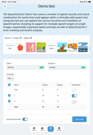 Test setup screen with session details filled