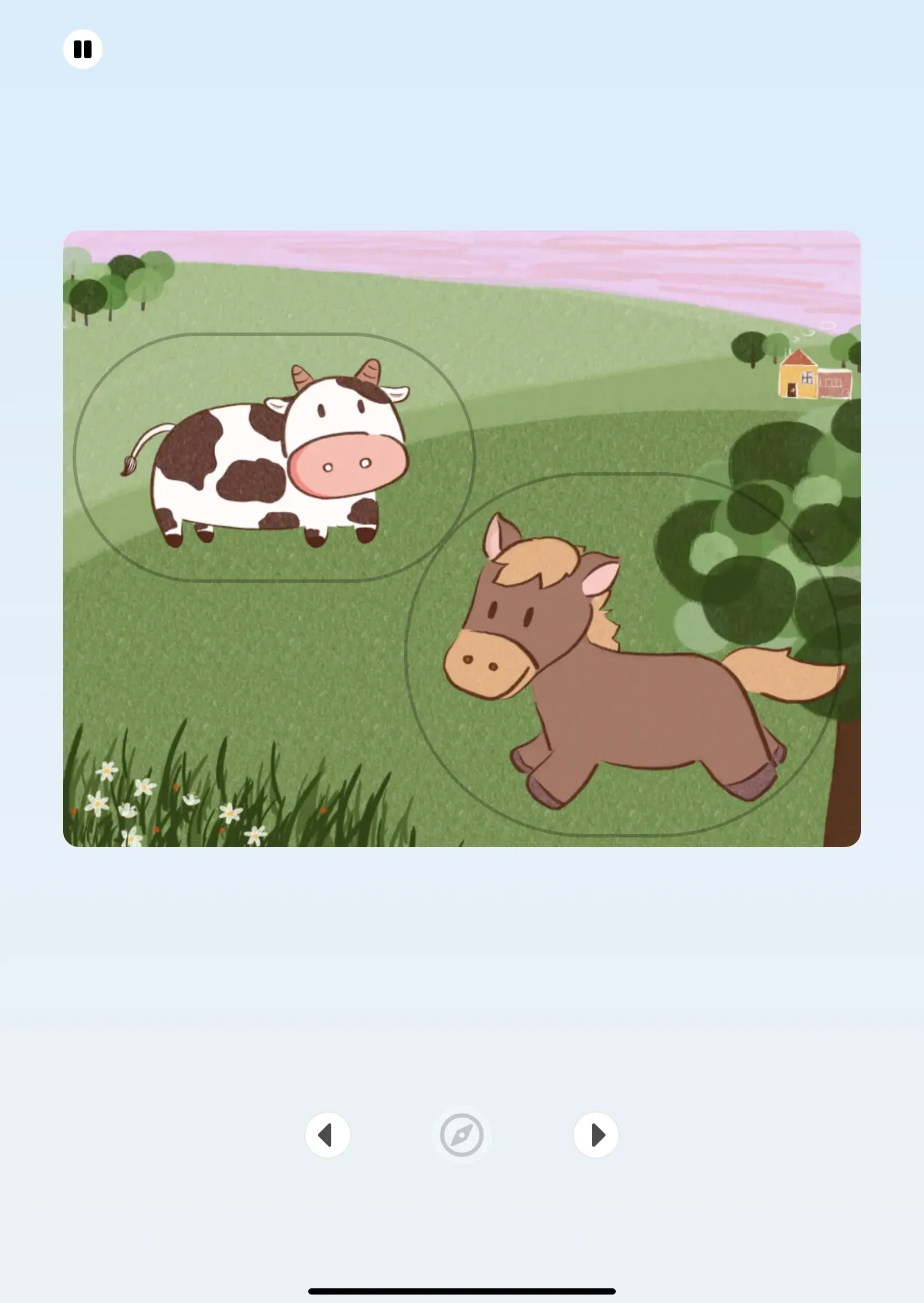 SpeechCatcher test screen showing illustrated cow and horse prompts.